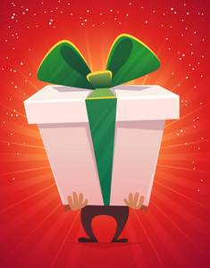 大礼品盒祝新年快乐，经典的红绿色，白色的圣诞颜色，蝴蝶结与闪亮的丝带，卡通风格的插图