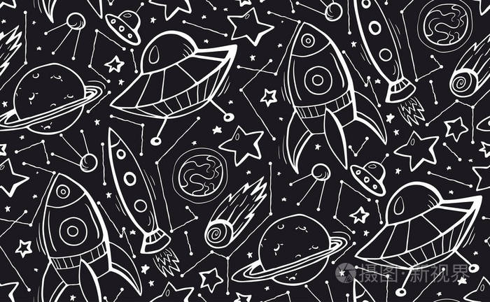 无缝黑白图案与手绘轮廓儿童插图的恒星宇宙飞船和不明飞行物壁纸纺织