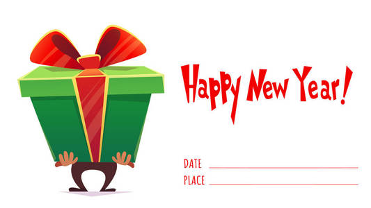新年快乐，节日庆祝，贺卡，明信片，横幅卡邀请，男子手持巨大的礼品盒惊喜与绿色丝带，捆绑弓，卡通，平面，有趣的矢量插图。