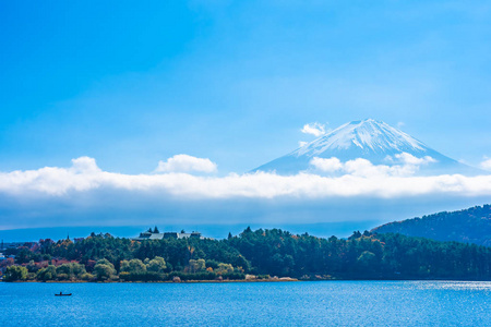 秋季环湖枫叶树的富士山美景