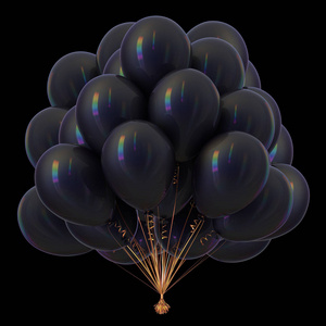 黑色派对气球束。 生日装饰黑暗美丽。 嘉年华庆典的象征。 黑色背景下的三维插图