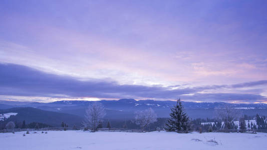 风景冬天的山，清晨的紫罗兰色的天空和树木大自然的摄影
