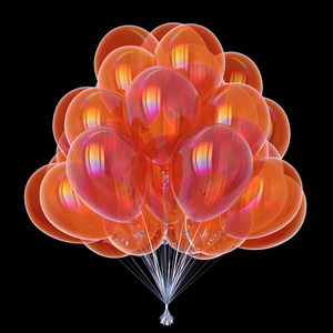气球派对生日象征橙色光泽。 周年纪念庆祝装饰。 氦气球束发亮。 邀请贺卡设计元素。 3D插图分离黑色