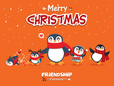 老式圣诞海报设计与矢量企鹅雪人圣诞老人精灵驯鹿人物。