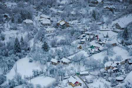 有房屋和雪覆盖景观的村庄的鸟瞰图