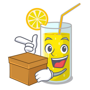 带有盒子玻璃的新鲜柠檬汁，吉祥物矢量插图