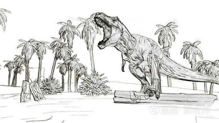 暴龙咆哮素描风格三维插图