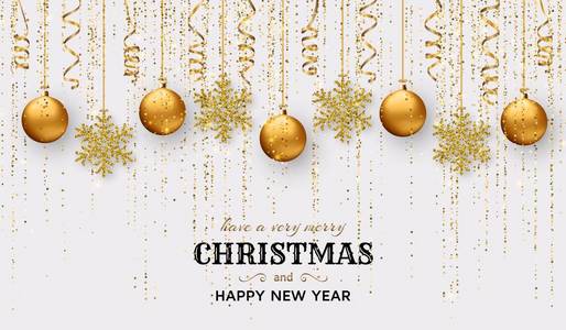 圣诞快乐的背景与闪亮的雪花, 金球和金色的金属丝和彩带。贺卡和圣诞节模板