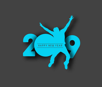 新年快乐2018文字与跳跃男子设计，矢量插图。