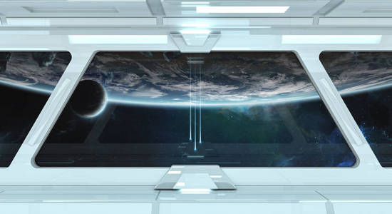 白色宇宙飞船内部，空间三维渲染大窗口视图