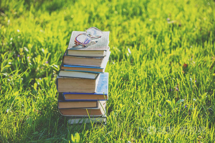 春天草地上的一叠书