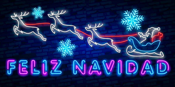 霓虹灯设计费利斯节手写短语翻译自西班牙快乐假期。 圣诞背景复古卡圣诞矢量横幅。 刻字圣诞快乐卡矢量插图。