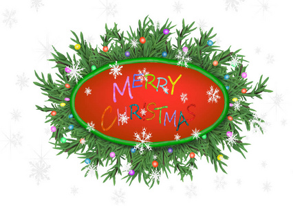圣诞3D松树枝花圈横幅圣诞快乐文字隔离在白色背景上