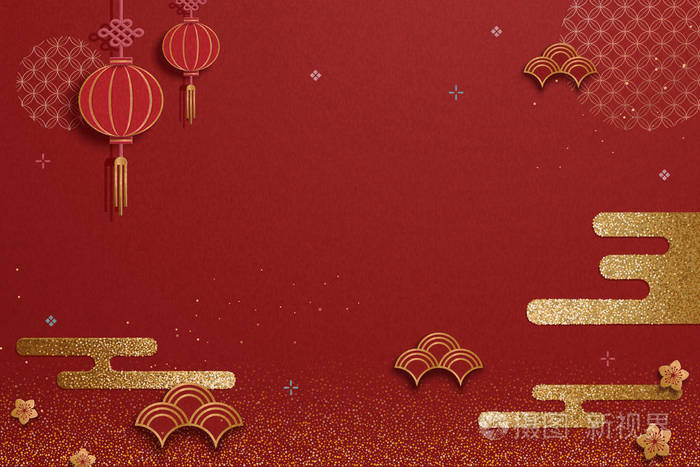 中国传统背景,红色灯笼和金色闪光装饰