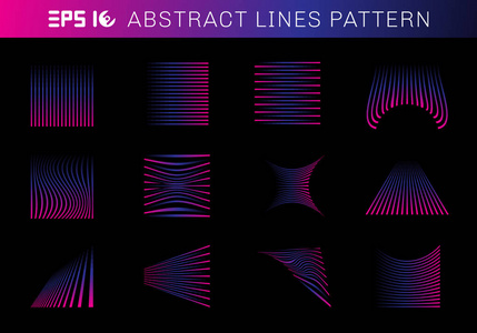 一组抽象线条图案元素蓝色和粉红色的黑色背景。 矢量插图