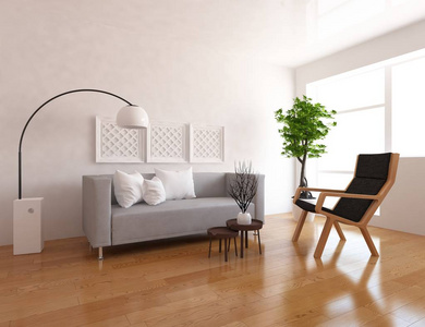 一个白色的斯堪的纳维亚客厅内部，沙发在木地板上，装饰在大墙上，白色景观在窗户上。 家北欧内部。 三维插图