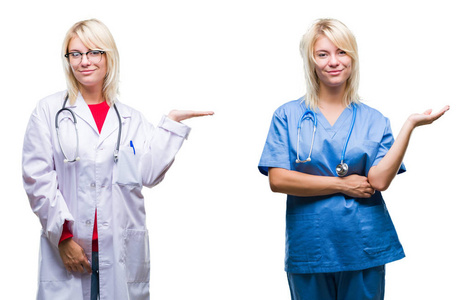 医生和护士的拼贴，在白色的孤立背景上，微笑，欢快的呈现，用手掌指着相机。