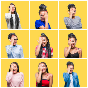 美丽的辫子拼贴非裔美国妇女黄色孤立的背景覆盖一只眼睛与自信的微笑在脸上和惊喜的情绪。