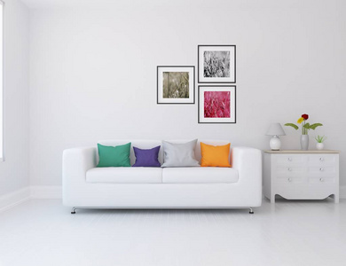 一个白色斯堪的纳维亚客厅内部有沙发和木制地板的想法。 家北欧内部。 三维插图