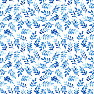 水彩无缝图案与叶子。 白色背景上的蓝色图案。 手工制作的纹理。 纺织壁纸包装纸模板等。