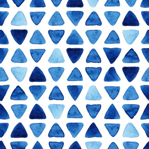 水彩无缝图案与蓝色三角形。 抽象的现代背景插图。 纺织壁纸包装纸模板等。