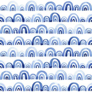 蓝色水彩无缝图案与拱门。 抽象海浪现代背景插图。 纺织壁纸包装纸模板等。