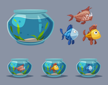 卡通矢量插图. 圆形水族馆的水下世界. 淡水鱼. 家养宠物照片