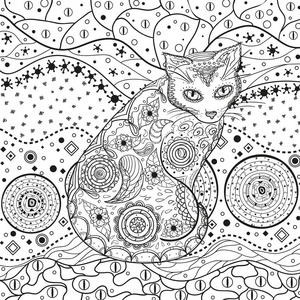 抽象东方图案与猫在孤立的白色。 禅宗。 在隔离背景上手工绘制抽象图案。 成人精神放松的设计。 黑白插图