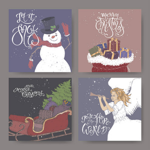 一套四个彩色横幅, 有画笔的问候作秀的人天使带圣诞树和礼品袋的雪橇
