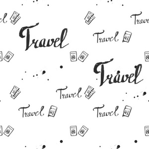 旅行行李无缝图案。时尚手绘墨水风格与黑色轮廓线隔离在白色背面。纺织面料包装纸背景插图的可重复性纹理