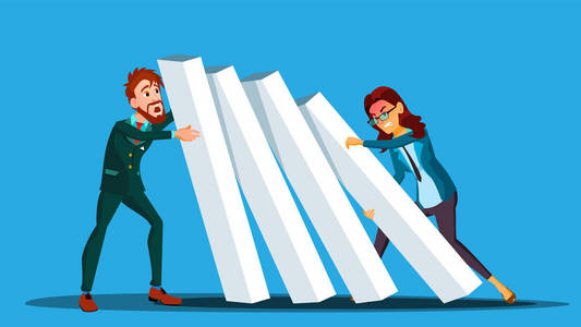 商业竞争向量商人和女人从两个方面互相推多米诺骨牌插图