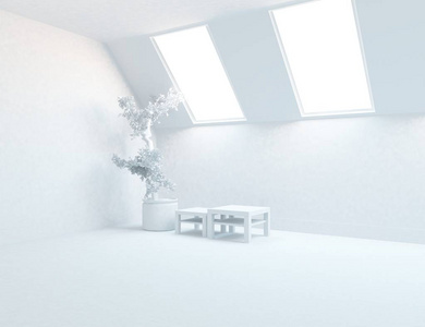 白色房间内部有植物。 斯堪的纳维亚室内设计。 三维插图