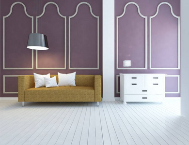 斯堪的纳维亚客厅内部的想法，沙发和枕头在木地板上，装饰在大墙上。 家北欧内部。 三维插图
