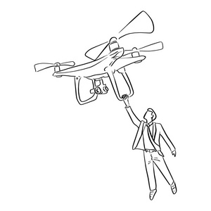 无人机大疆商人拿着大无人机在空中矢量插图素描涂鸦手画黑线隔离在