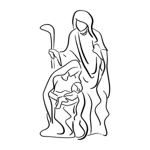 婴儿耶稣的诞生场景在玛丽的手臂矢量插图素描涂鸦手画与黑线隔离在白色背景。