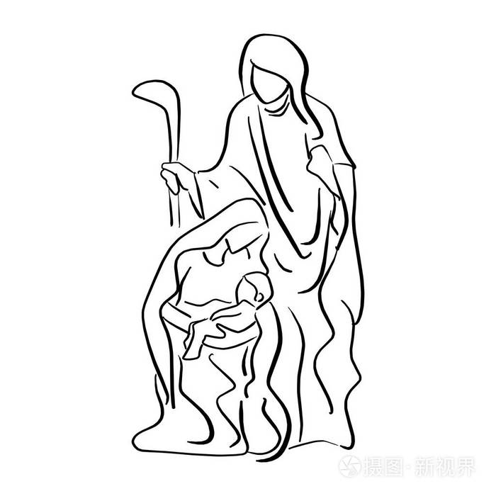 婴儿耶稣的诞生场景在玛丽的手臂矢量插图素描涂鸦手画与黑线隔离在