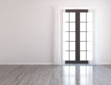 白色房间内部有窗户。 斯堪的纳维亚室内设计。 三维插图