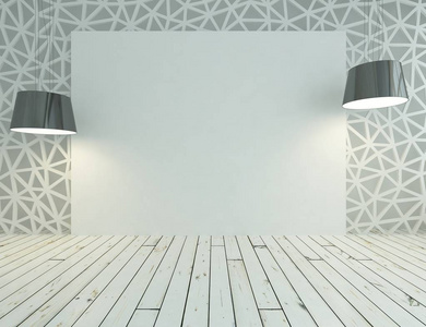 一个白色的空斯堪的纳维亚房间内部与木制地板的想法。 家北欧内部。 三维插图