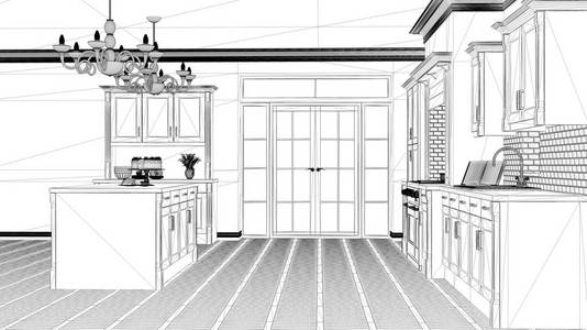 室内设计项目黑白墨素描建筑蓝图，展示经典复古豪华厨房岛与大吊灯，窗户当代建筑。