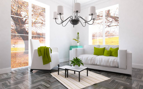 一个白色斯堪的纳维亚客厅内部有沙发植物和木制地板的想法。 家北欧内部。 三维插图