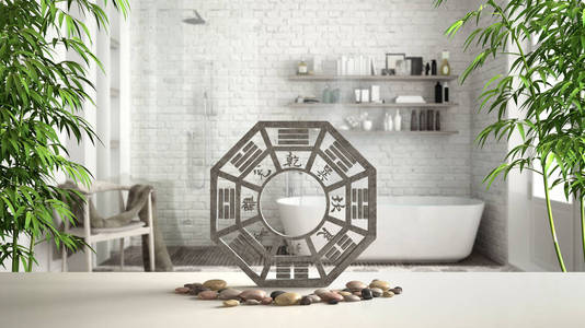 包花,鹅卵石,石头,竹子,老式浴室,浴缸,淋浴,禅宗概念,室内设计,风水