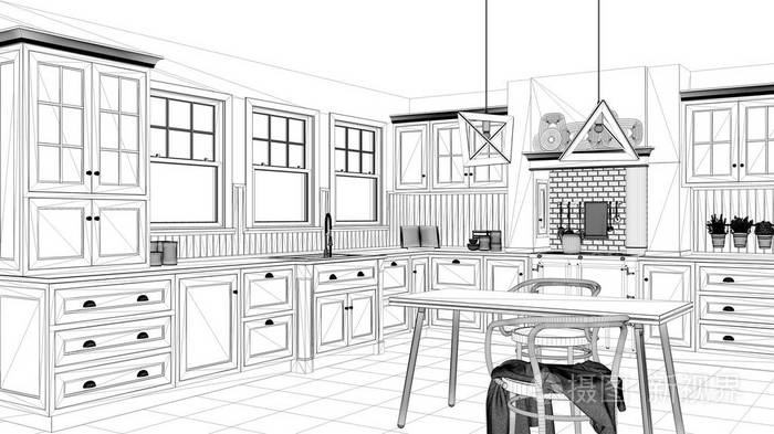 室内设计项目黑白墨素描建筑蓝图,展示经典厨房,餐桌椅,窗户和晨光
