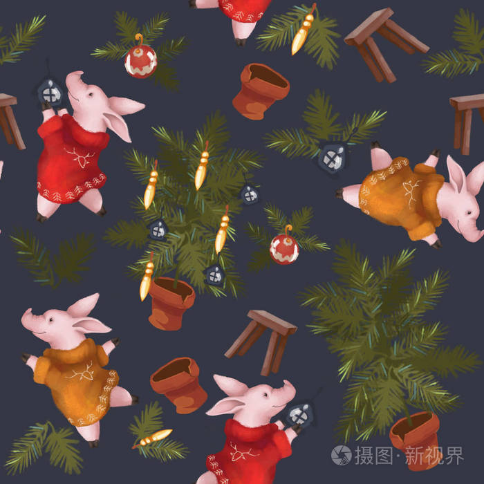 圣诞节无缝模式。年的符号2019年猪。新年套餐。在浅海军蓝色背景