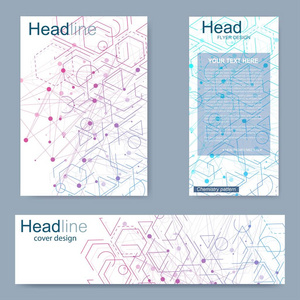 设置传单 小册子大小 A4 模板 横幅。分子的结构与连接的线和点。科学模式原子 Dna 与杂志 传单 封面 海报设计元