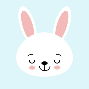 可爱的兔子矢量图形图标。 白兔动物头面插图。 孤立在蓝色背景上。