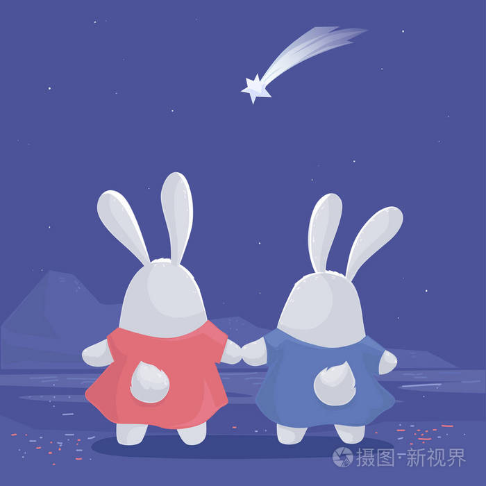 两只卡通兔子看流星的海报矢量插图