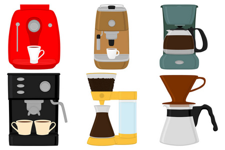 主题插图大彩集不同类型咖啡机，不同大小的制造者。咖啡机模式，包括收集配件制造商。咖啡机，新鲜咖啡的咖啡机。