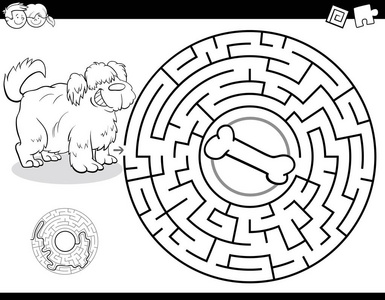 黑白卡通教育插图迷宫或儿童狗与骨绘制书籍迷宫活动游戏照片