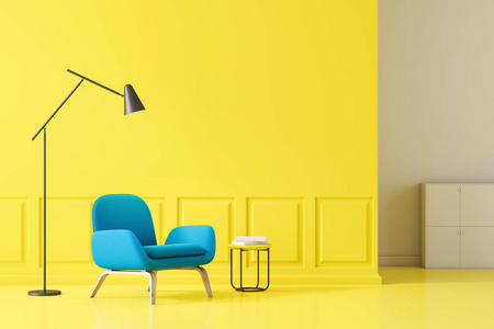 极简主义的客厅内部有黄色的墙壁和地板，蓝色的扶手椅站在小桌子附近，上面有一盏落地灯的书。3D渲染
