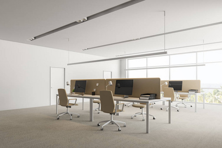 现代办公室的角落，白色的墙壁，全景的窗户，混凝土地板，一排排白色和米色的电脑桌子和椅子。3D渲染